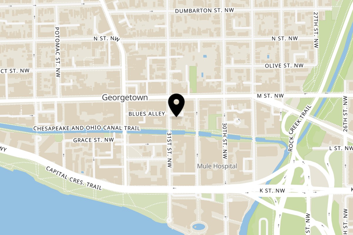 Map showing the location of Flavio Restaurant DC on 1073 31st St NW in Washington